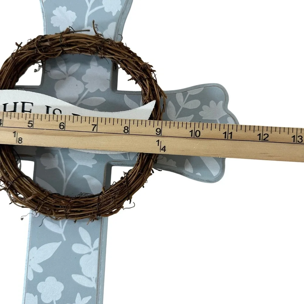 Kirklands Home He Is Risen Floral Wall Cross Blue Wood Wreath Easter Decor 14.5